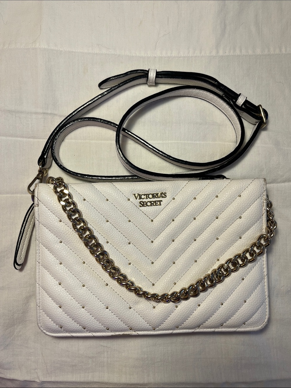 Victoria's Secret White Quilted Crossbody with Gold Chain Accent